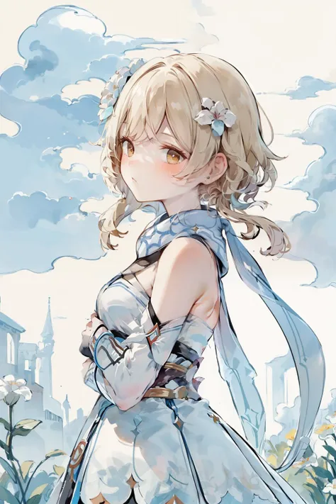 masterpiece, best quality,,<lora:lumine:1>,1girl, lumine (genshin impact), solo, sky, blonde hair, hair flower, flower, cloud, dress, hair ornament, white dress, blue sky, breasts, detached sleeves, scarf, outdoors, bare shoulders, white scarf, day, short ...