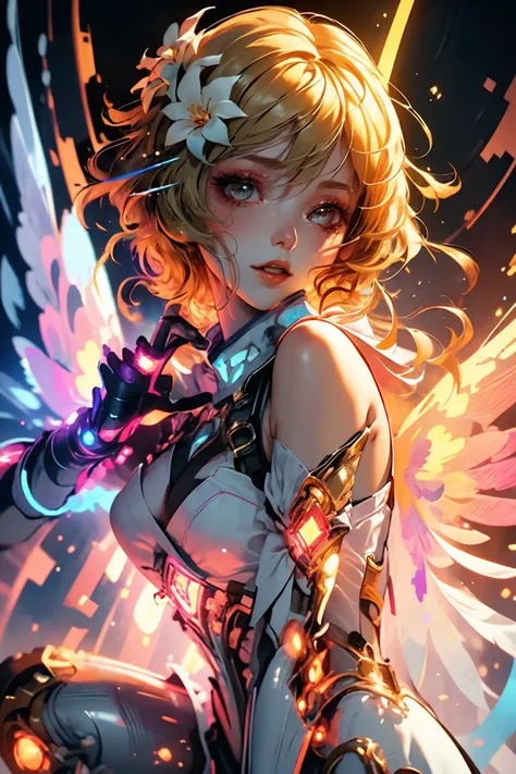 <lora:lumine:0.9> blonde hair, 1girl, hair ornament, yellow eyes, bangs, flower, hair flower, breasts, blush, bare shoulders <lora:wrenchsmechs:0.8> wrenchsmechs, glowing, mecha, halo, mechanical wings, long hair, (wings:1.2),(close portrait:1.3),thematic ...