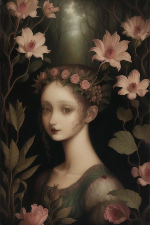 a painting of a woman with flowers in her hair