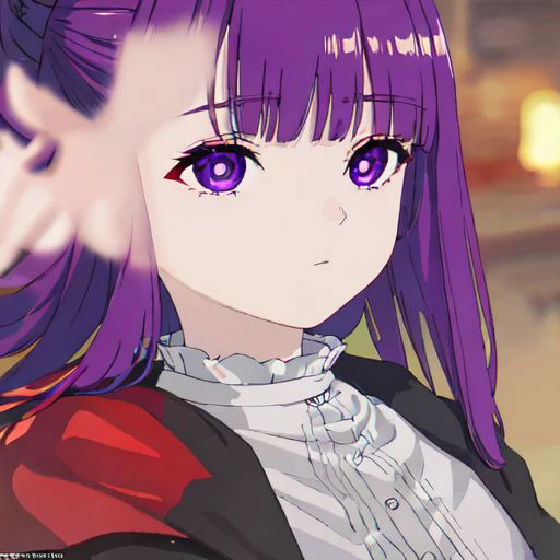 fern, long hair, bangs, (purple eyes:1.1), purple hair, detailed eyes, sidelocks, blunt bangs, bright pupils, half updo  shirt, dress, jacket, white shirt, open clothes, hood, white dress, hood down, looking at viewer, upper body, (full body:1.2), (masterp...