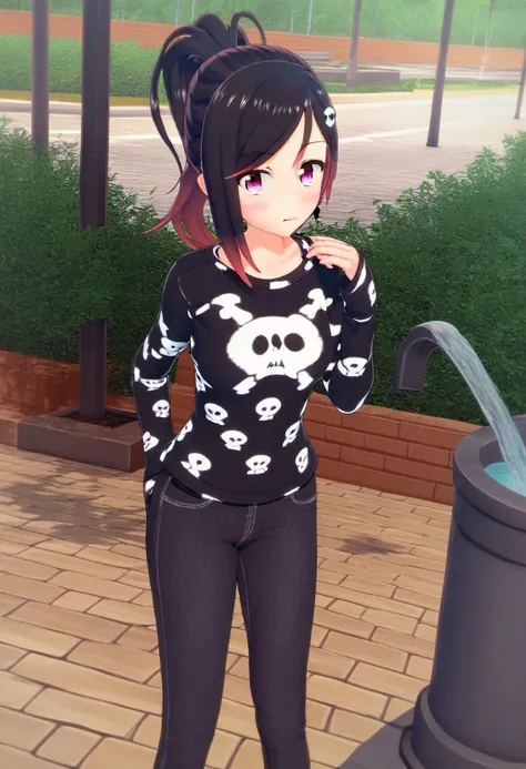 <lora:Rin_Rokuhara_from_LiL_PonyXL:0.8>, rin_rokuhara, 1girl, skull hair ornament, solo, full body, standing, looking at viewer, ponytail, public park, jewelry, earrings, shirt, long hair, bangs, black jeans, black shirt, print shirt long sleeves, water fo...