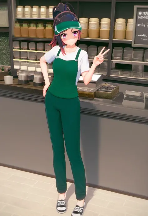 <lora:Rin_Rokuhara_from_LiL_PonyXL:0.8>, rin_rokuhara, 1girl, visor cap, pants, shirt, solo, full body, standing, looking at viewer, ponytail, working behind the counter at a coffee shop, shirt, long hair, bangs, short sleeves, cafe uniform, white shirt, h...