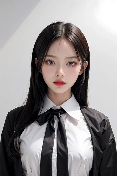 1girl, black formal shirt,white background, <lora:mmabelzz-02:1>