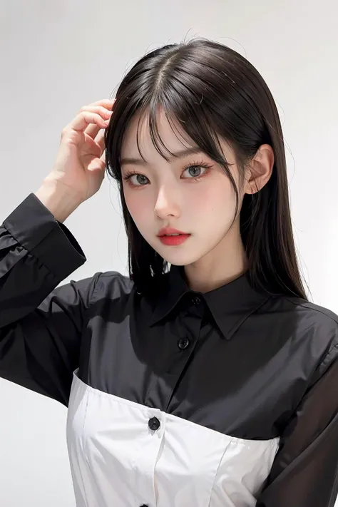 1girl, black formal shirt,white background, <lora:mmabelzz-02:1>