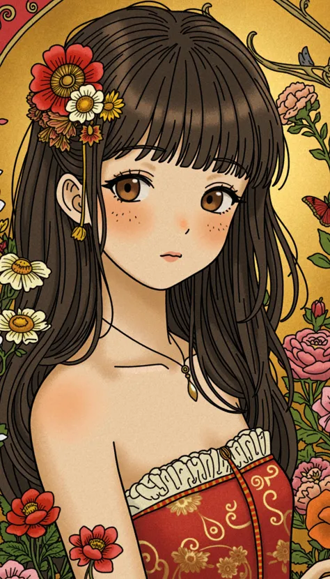 Gustav Klimt style illustration, beautiful Japanese long hair girl in strapless dress, melancholy eyes, freckles, delicate lines, flowers in the background