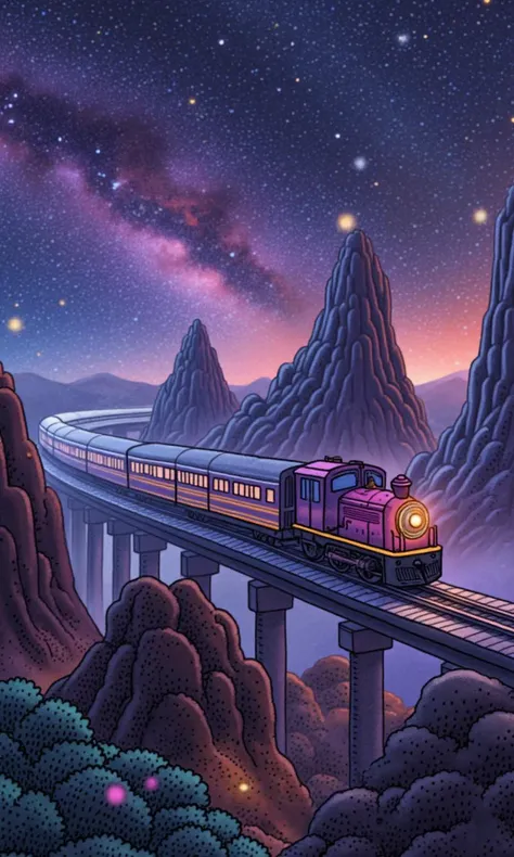 inter dimensional sci-fi train far future, travelling across the stars, cosmos, galaxy