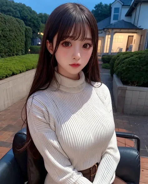 best quality, photorealistic, 8k, high res, 1girl, woman, (skindentation), (portrait:0.6), blur background, outdoor, (high-neck sweater:1.8), gorgeous, (night, floating hair:1.5), (dynamic pose:0.8), soft lighting, wind, garden, looking at viewer, (1girl e...