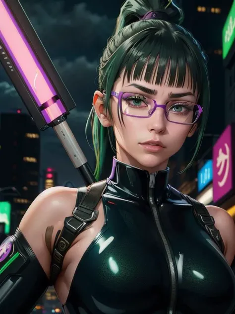 1girl,(cyborg body),zenin_maki holding spear staff,ponytail, glasses,bangs,green hair,brown eyes,cyberpunk jujutsu_uniform,medium boobs,(shiny face skin),in cyberpunk city, neon blue lights,neon pink lights,detailed eyes,8k, <lora:zenin_maki:0.5>