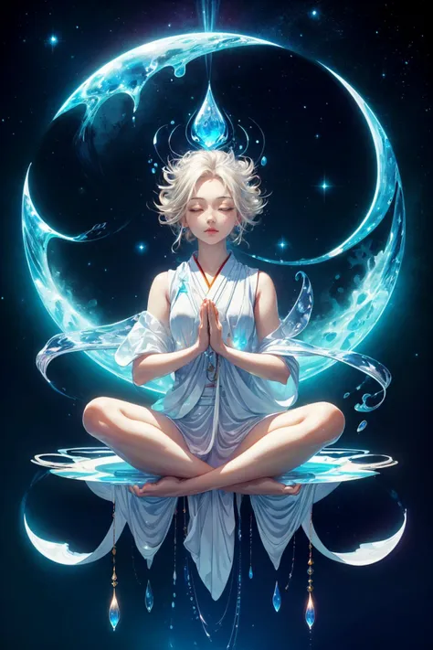 a woman sitting in a lotus position with her hands crossed and a crescent above her head