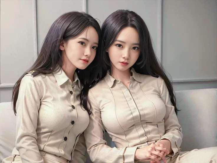 two women sitting on a couch in matching outfits