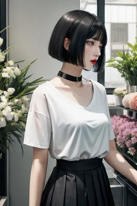 illustration, flower shop, 1girl, solo, looking away, white hair, bob cut, slanted blue eyes, black choker, small breasts, black T-shirt with logo, white pleated long skirt,