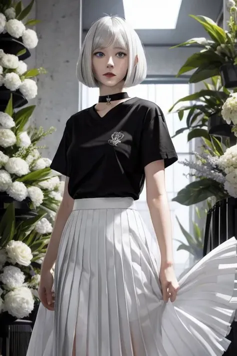 illustration, flower shop, 1girl, solo, looking away, white hair, bob cut, slanted blue eyes, black choker, small breasts, black T-shirt with logo, white pleated long skirt,