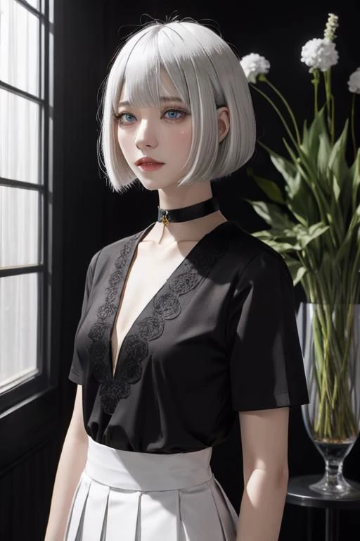 illustration, flower shop, 1girl, solo, looking away, white hair, bob cut, slanted blue eyes, black choker, small breasts, black T-shirt with logo, white pleated long skirt,