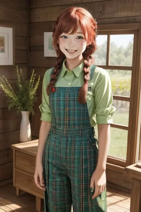 a young girl with red braid hime cut hair wearing a indica green shirt standing in front of a caro wooden wall with a broken charmed window on the left side. The girl is smiling and looking at the camera with a curious expression on her face. The backgroun...