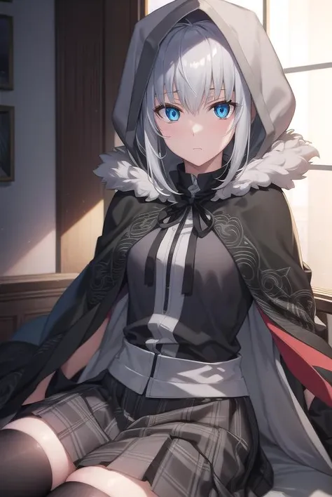 fgogray, <lyco:gray-lyco-nochekaiser:1>,
gray, blue eyes, short hair, grey hair, ahoge, 
BREAK black cape, black footwear, black ribbon, black shirt, black thighhighs, cape, grey skirt, hood, hood up, long sleeves, miniskirt, plaid, plaid skirt, pleated sk...