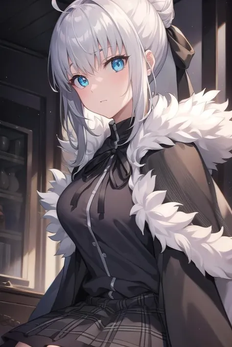 fgogray, <lyco:gray-lyco-nochekaiser:1>,
gray, blue eyes, short hair, grey hair, ahoge, 
BREAK hair bun, hair ribbon, ribbon, black cape, black footwear, black ribbon, black shirt, black thighhighs, cape, grey skirt, hood, long sleeves, miniskirt, plaid, p...