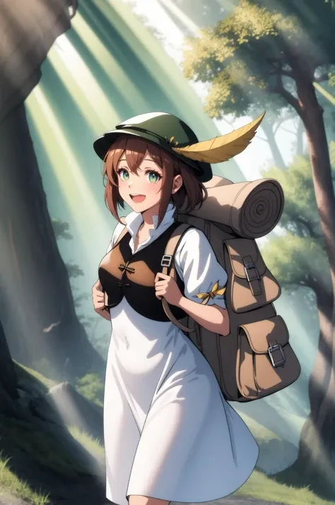 (masterpiece, best quality), forest, light rays, DLSS RTX ON AMD FSR INSERT NONSENSE HERE, tressa, hat feather, white dress, backpack, :D, <lora:octopath_tressa:1>