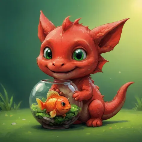 a close up of a small red dragon with a fish in a bowl