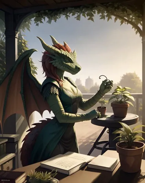 Female dragonborn, green dragonborn, solo, horns, wings, tail, red hair, fantasy dress, detailed face, potting up a plant with dirt, book on desk, dusk, porch with lots of pot plants and vines, ((masterpiece, best quality)), art by greg rutkowski <lora:dra...