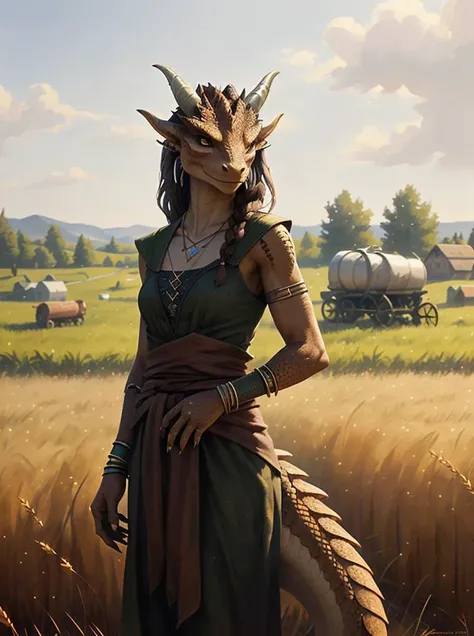 brown dragonborn, solo, looking to the side, female, tail, braidid hair, female focus, wheat field, earrings, horns, arm across waist, necklace, bracelet, claws, hay fork, small village in background, in the style of greg rutkowski, masterpiece, best quali...