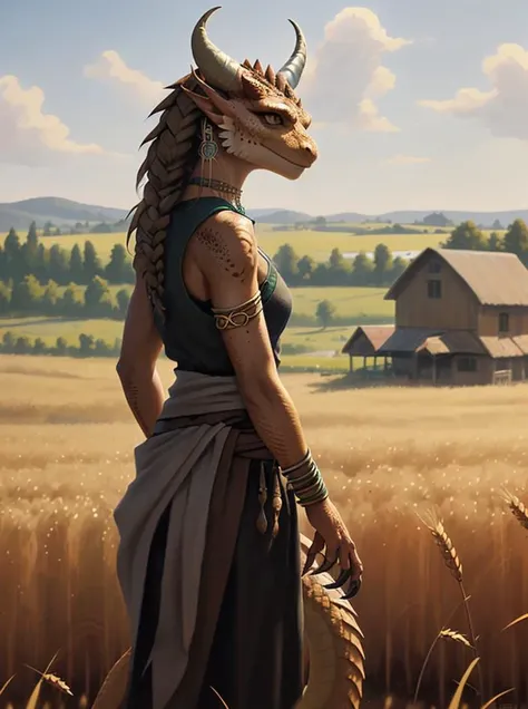 brown dragonborn, solo, looking to the side, female, tail, braidid hair, female focus, wheat field, earrings, horns, arm across waist, necklace, bracelet, claws, hay fork, small village in background, in the style of greg rutkowski, masterpiece, best quali...