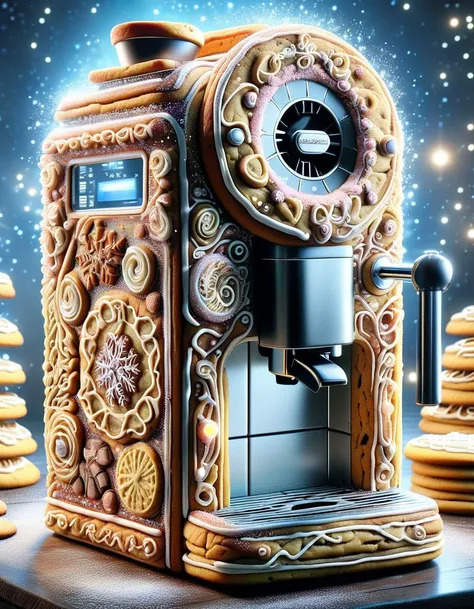 <lora:SDXLSugarCookie:1> sugarcookiestyle, Highly detailed Dynamic shot of a coffee machine made out of (chocolate frosted cookies:1.4), Christmas, festive, sparkling lights, sugar crystals