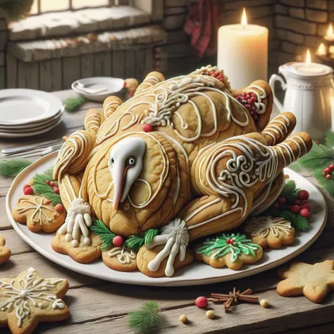 a close up of a turkey on a plate with cookies and cookies