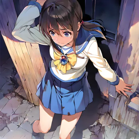 anime girl in a school uniform standing in front of a door