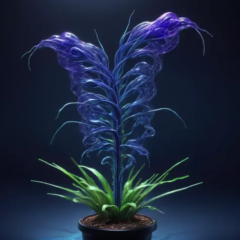 ((best quality)), ((masterpiece)), ((realistic,digital art)), (hyper detailed),DonMV01dfm4g1c3XL Miniature Cobalt Blue Slender-arching Needle-like plant, Wavy Texture Enlarged Base Rhizome, Smooth,    Involucrate, Whorled, Tubular root , octane rendering, ...