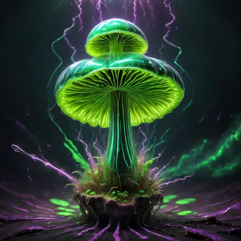 ((best quality)), ((masterpiece)), ((realistic,digital art)), (hyper detailed),DonMV01dfm4g1c3XL Lime Green Tiny Cup-shaped Rough mushroom, Crystallized, Bulbous, Beneficial Mycorrhizae, Geothermal, Hypogeal, Emitting light, Gradient Emarginate Gills, Cap ...