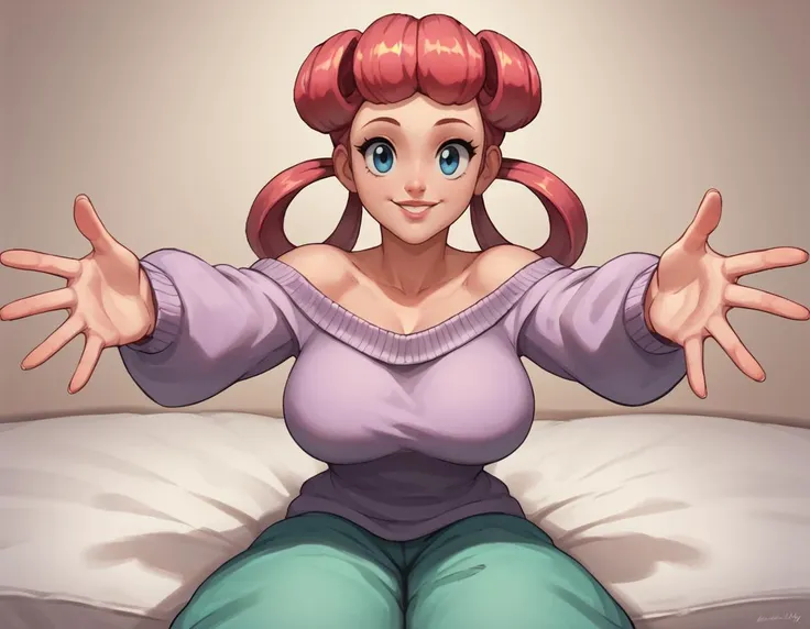 anime - style illustration of a woman with pink hair sitting on a bed