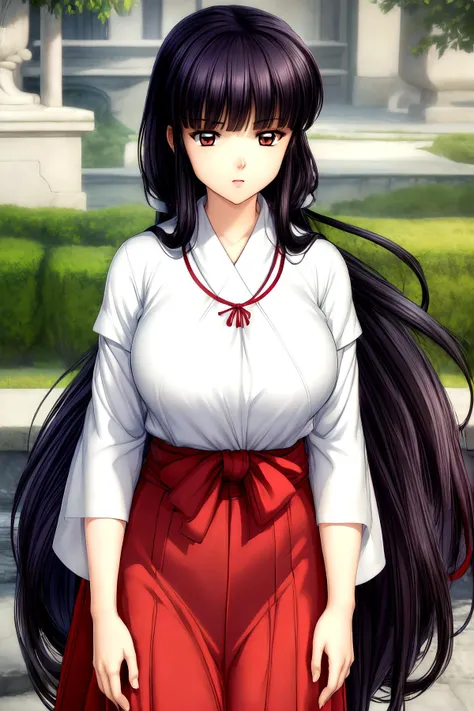 ((Masterpiece)), ((best quality)), (prefect composition), (prefect anatomy), high-res, ((complex detailed)), (((clean and clean))), absurdres, 1girl, Kikyo, solo, straight long hair, black hair, long bangs, blunt bangs, smooth long hair, hair covering ches...