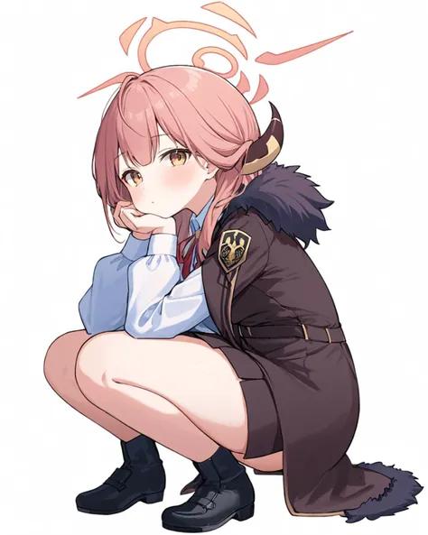 aru (blue archive),1girl, solo, horns, halo, squatting, blush, skirt, fur_trim, white_background, looking_at_viewer, white_shirt, simple_background, black_footwear, closed_mouth, long_sleeves, coat_on_shoulders, hand_on_own_cheek, neck_ribbon
<lora:aru_(bl...