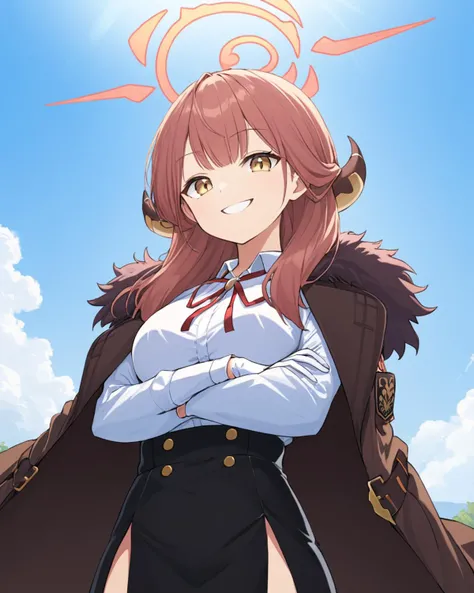 aru (blue archive), horns, white_shirt, halo, black_skirt, white_gloves, crossed_arms, looking_at_viewer, 1girl, neck_ribbon, red_ribbon, breasts, collared_shirt, solo, long_sleeves, sky, fur-trimmed_jacket, high-waist_skirt, leaf, grin, pencil_skirt, brow...