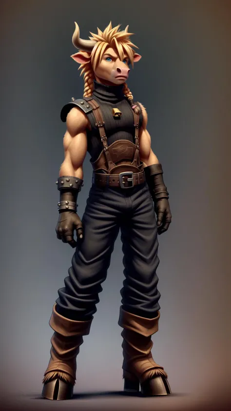 <lora:BovineDNA:0.8> bovinedna, cowboy, cowbell, choker, hooves,  <lora:cloudstrife-nvwls-v1:0.8> cloud strife, shoulder armor, sleeveless turtleneck, suspenders, belt, baggy pants, gloves, bracer, boots, crossdressing, twin braids, male focus, frilled dre...