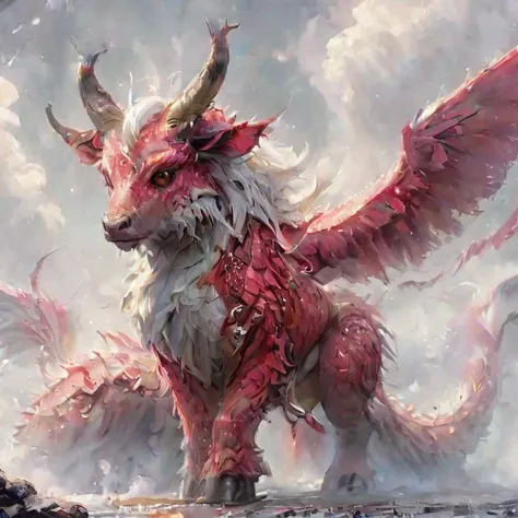 a close up of a painting of a red and white dragon