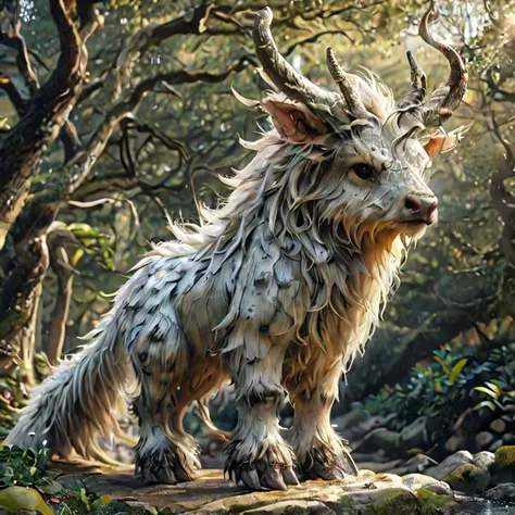 there is a goat that is standing on a rock in the woods