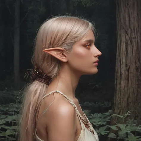 a woman with blonde hair and elf ears in a forest