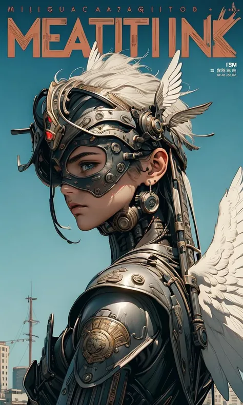 a woman in a mask and wings stands in front of a city