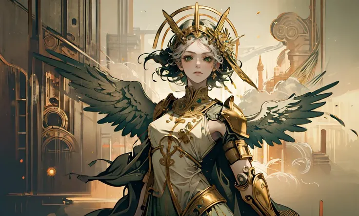 a close up of a woman with a sword and wings