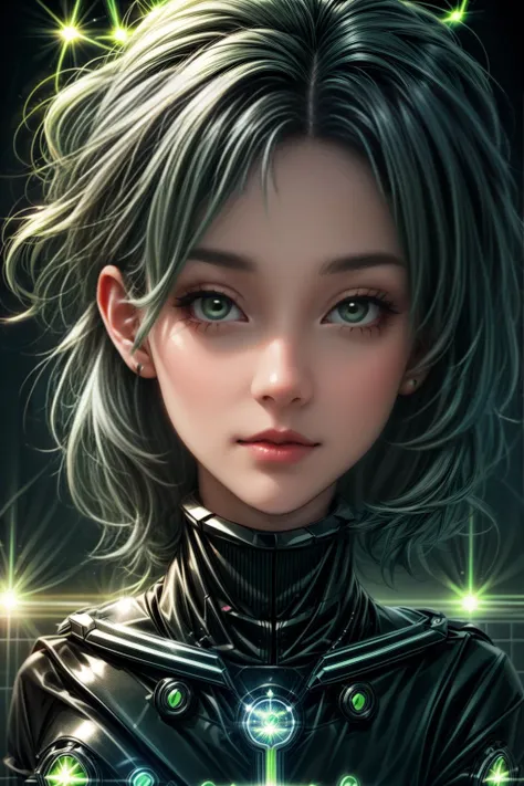 a woman with a futuristic look and green eyes