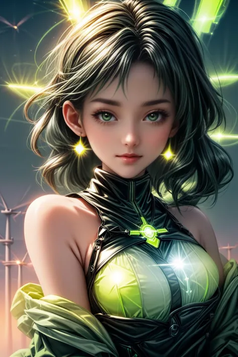 a woman with a green dress and a green light on her chest