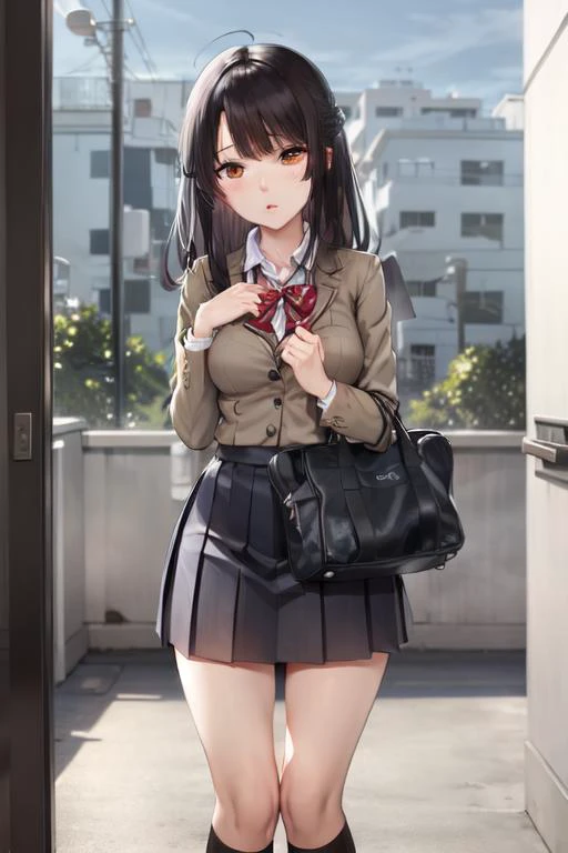 anime girl in school uniform with purse and boots standing in doorway