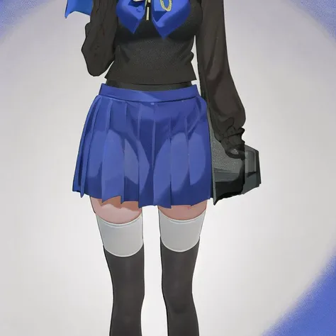 <lora:Ajura_Sashimi:1> blue hair, houndstooth, school uniform, serafuku, short hair, skirt, thigh-highs, thighhighs