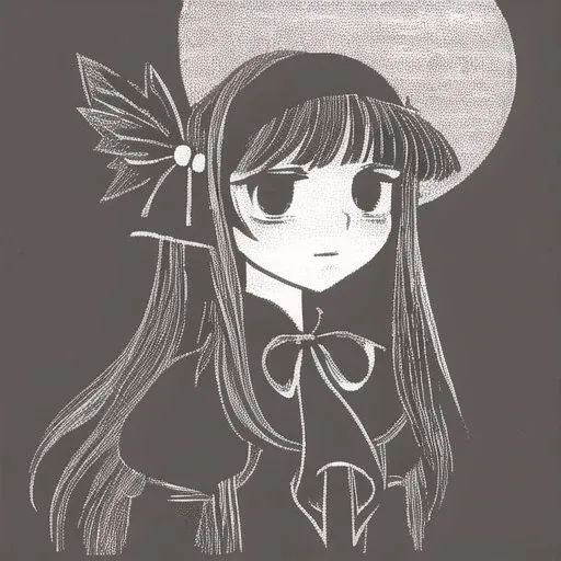 <lora:sovhobb2:1.0>, sovhobb, picture, cartoon, drawing,1girl, black eyes, black hair, closed mouth, expressionless, eyelashes, greyscale, hairband, hand on own chest, highres, long hair, looking at viewer, magical girl, monochrome, neck ribbon, ribbon, si...