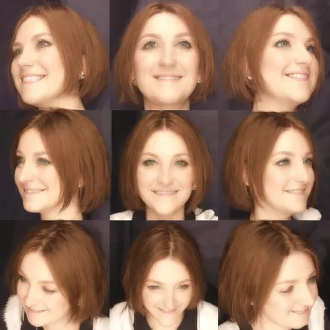 <lora:facegrid:1.0>, facegrid, series of photos of, multiple views,  brown hair, character name, dress, green eyes, short hair, smile