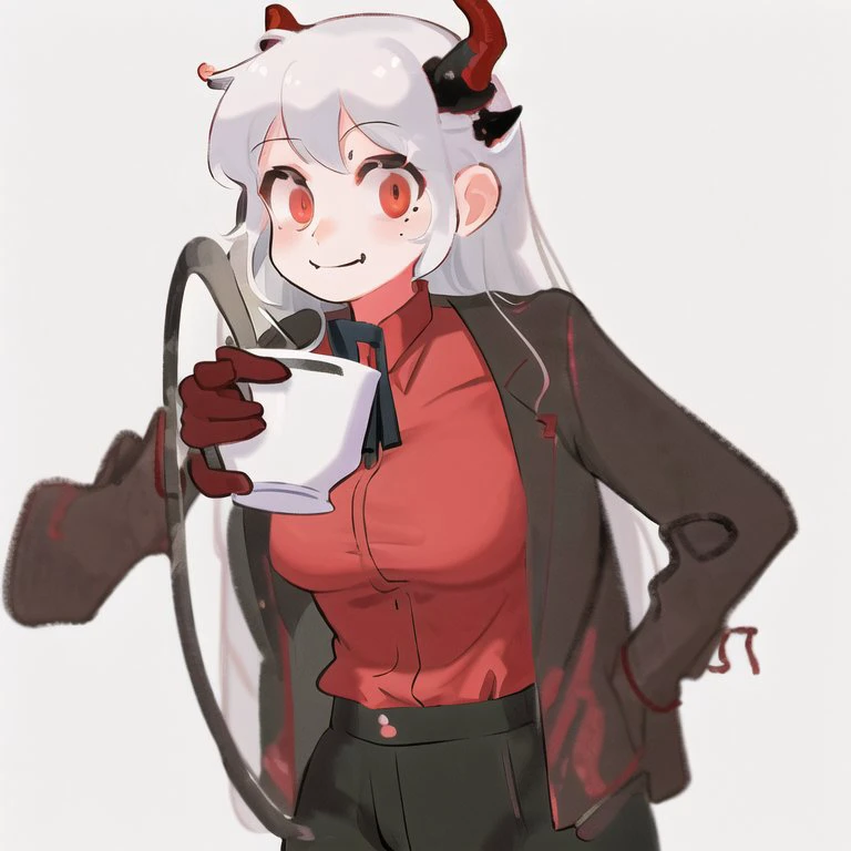 <lora:Ajura_Sashimi:1> 1girl, alcohol, ass, black jacket, black neckwear, black pants, black tail, breasts, business suit, collared shirt, cup, demon girl, demon horns, demon tail, drinking glass, eyebrows visible through hair, formal, gloves, hair ornamen...