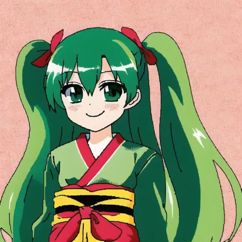 <lora:anime_paint:1>, green eyes, green hair, japanese clothes, kimono, light smile, obi, simple background, smile, solo, twintails