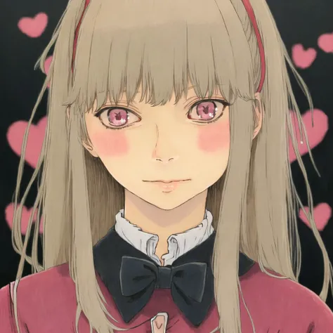 <lora:puparia2:1.0> , puparia, painting, 1girl, bangs, blonde hair, blush, bow, closed mouth, hair bow, hairband, heart, heart hands, heart of string, idol, jacket, long hair, long sleeves, looking at viewer, pink eyes, red bow, smile, solo, upper body