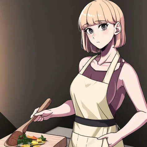 <lora:powtaytow3333:1>, powtaytow3333, cartoon, background,
(realistic:0.9), masterpiece, 4k, (high detailed:0.9), (perfect face:0.8), (beautiful eyes:0.5), 1girl, blonde hair, blunt bangs, in kitchen, pink apron on the naked body